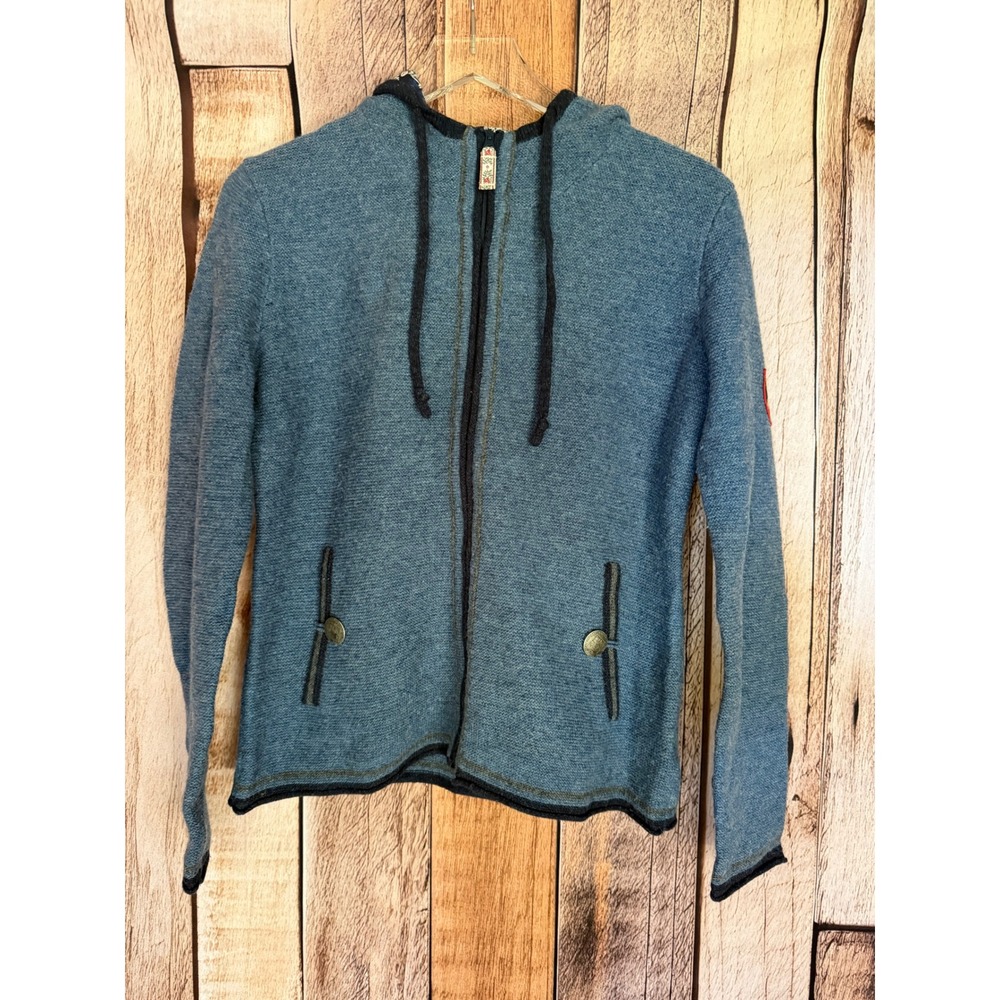 Obermeyer Wool Hooded Full Zip Sweater Jacket Blue Après Ski Alpine Medium